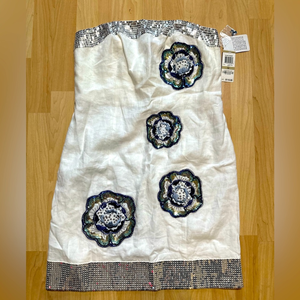 Linen Strapless Dress with Floral Embellishments